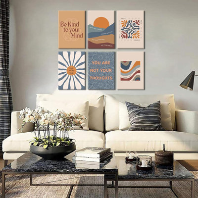 6Pcs Mental Health Wall Art Motivational Psychology Canvas Painting Therapy Office Pictures Wall Decor Boho Style Inspirational Positive Quotes Posters Prints For Home Counseling Office Framed