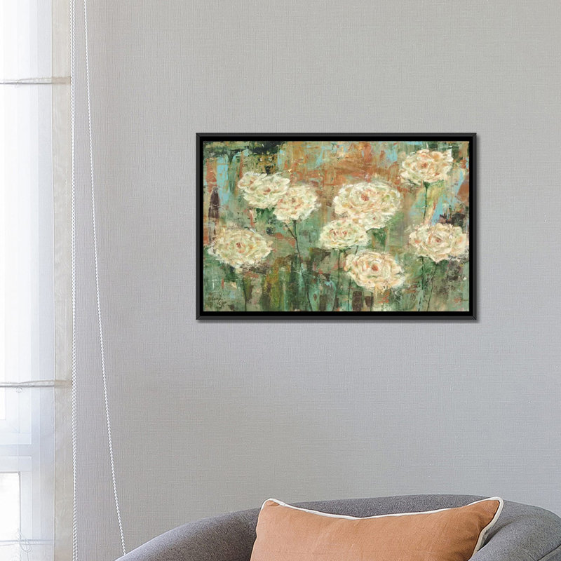 " White Roses " by Carol Black, 40" H x 60" W x 1.5" D, Black Framed Canvas, No Mat