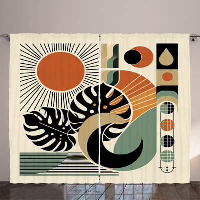 Ambesonne Curtains 2 Panel Set, Boho Mid Century Sun Leaf, Cinnamon Black Beige -  p_429432_108x84
