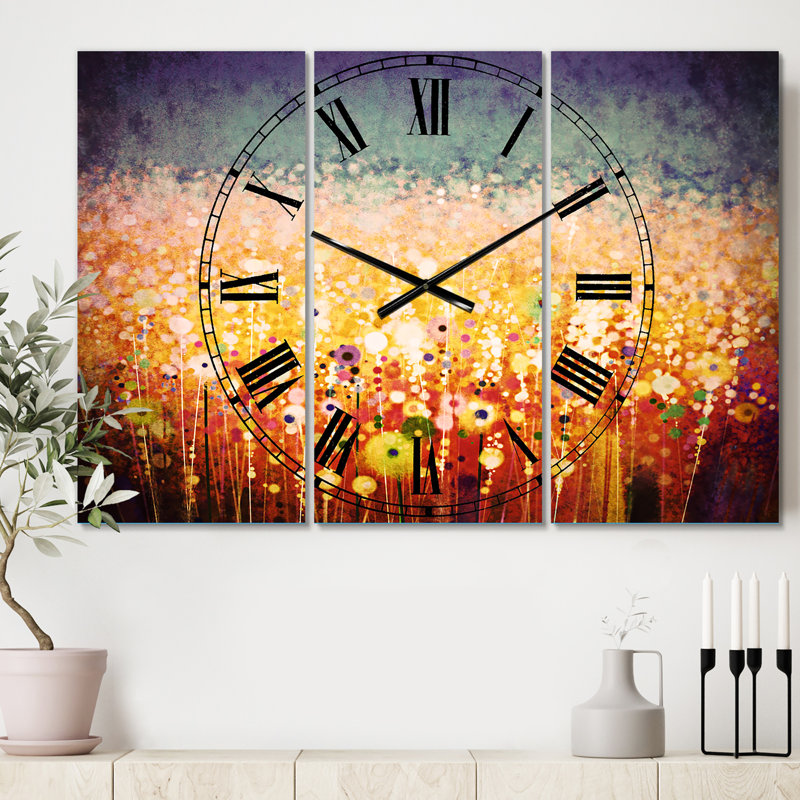 Peinture abstraite à l'aquarelle sur champ de fleurs - Horloge murale traditionnelle