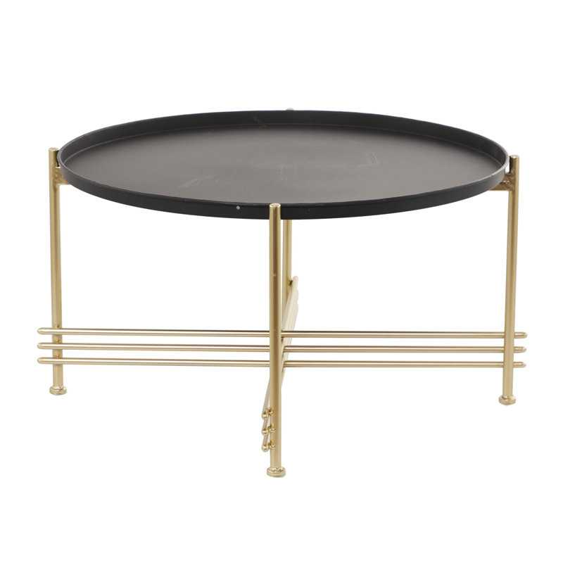 Metal Tray Top Black Coffee Table with Gold X-Shaped Base