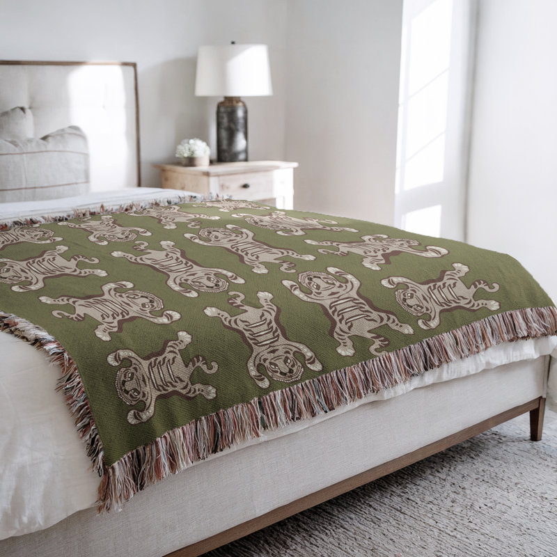 Jeté en mélange de coton Usha, Chartreuse / blanc cassé, L 60 po x l 50 po