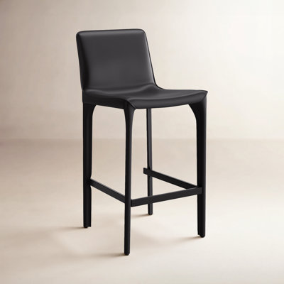 Full Assembled 26"H Counter Stool, Saddle Leather Upholstered Bar Stool With Padded Seat, Counter Height Barstool With Metal Frame Footrest For Kitchen Island Bar Counter, Black