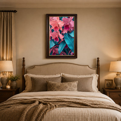 Orchidées roses et feuilles bleu sarcelle, art floral sur toile