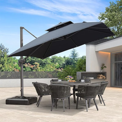 10' Square Cantilever Advanced Fabric Umbrella With Base And Umbrella Cover With Zipper,Graphite Grey