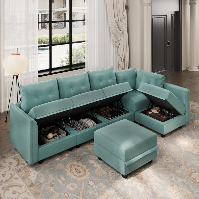 Canapé modulaire réversible avec repose-pieds Bresee, Similicuir bleu sarcelle, H 34 po x l 112 po x P 56 po