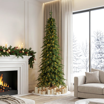 9ft Pre-Lit Pencil Spruce Artificial Christmas Tree – 580 Warm White & Multi-Color Lights, 9 Functions with Remote, Easy Setup