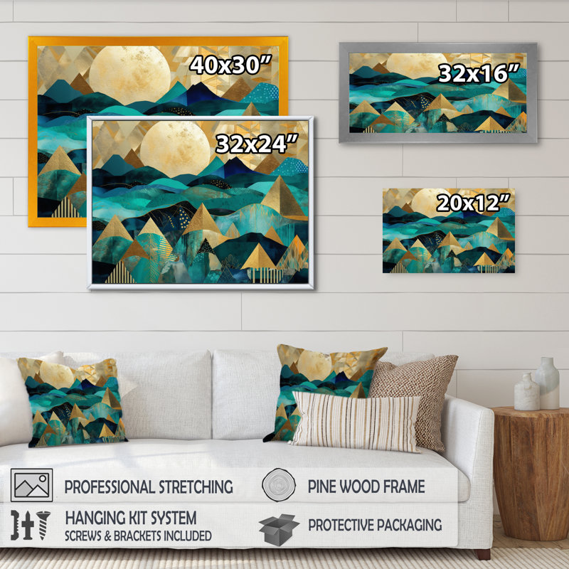 «Tuquoise and Gold Landscape In Symmetry», reproduction d'art sur toile, H 30 po x l 40 po x P 1,5 po, Cadre flottant doré