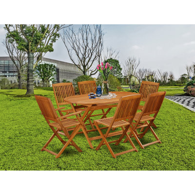 7 Piece Patio Garden Table Set Consist of an Oval Outdoor Acacia Wood Dining Table and 2 Folding Arm Chairs with 4 Side Chairs, 36x60 Inch, Natural Oil