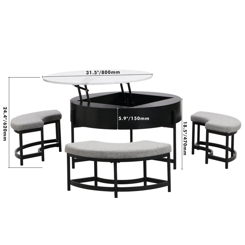 Table basse moderne à plateau relevable avec rangement et 3 repose-pieds gigognes blancs et noirs, Noir / blanc, Noir