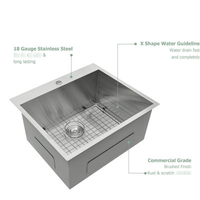 Stainless Steel Kitchen Sink 25"X22"X12" - Drop-In With 3.5" Standard Drainage Hole Laundry Utility Deep Single Bowl For Versatile Use