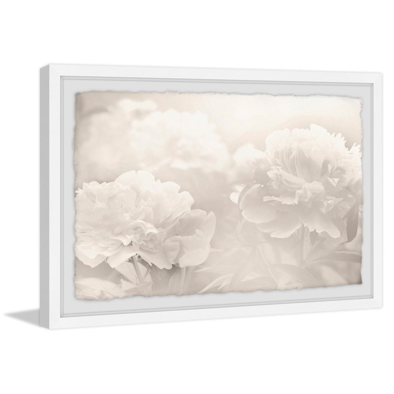« pivoine »-impression sur l’image, H 12 po x l 18 po x P 1,5 po, Cadre blanc à bords frangés