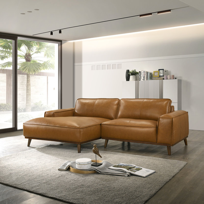 Canapé modulaire en cuir fleur 2 pièces avec méridienne Mucklen, Face à la gauche, Cuir véritable brun clair
