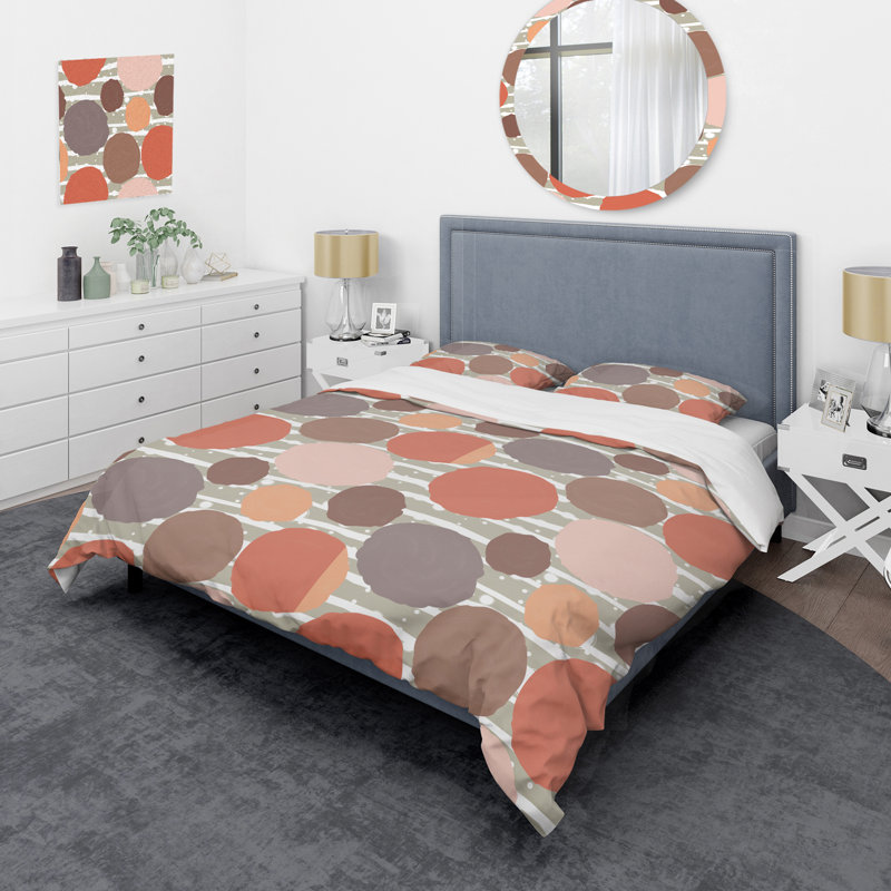 Pink and Brown Circle Pattern - Abstract Duvet Cover Set - Microfiber Polyester, Queen Duvet Cover + 2 Standard Shams
