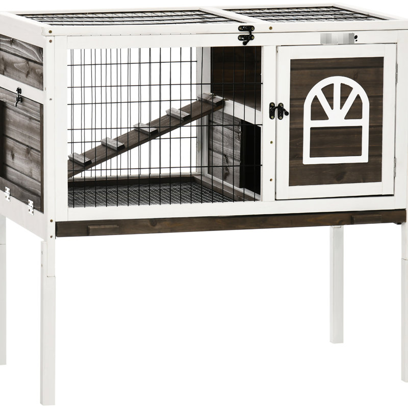 Cage à cochon d'Inde d'intérieur avec cage de couloir, portes verrouillables, plateau d'hygiène amovible, café spacieux intérieur en bois sécuritaire, amovible, brun