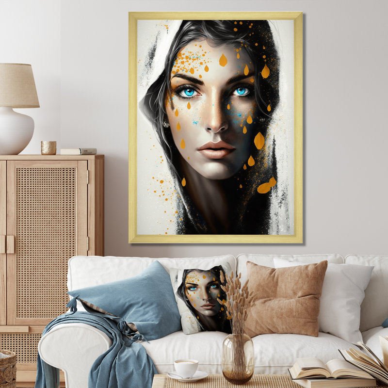 Féroces yeux bleus féminins I, H 20 po x l 12 po x P 1 po, Toile encadrée dorée avec coins fermés