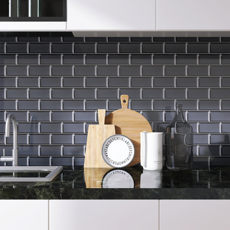 Reflection 11.82 in. x 12.01 in. Brick Joint Glossy Glass Mosaic Tile, Black