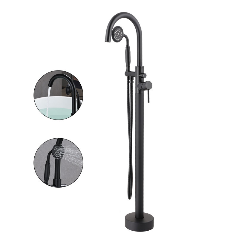 Freestanding Floor-mount Tub Filler With Hand Shower, Round Design, 2-handle, Matte Black