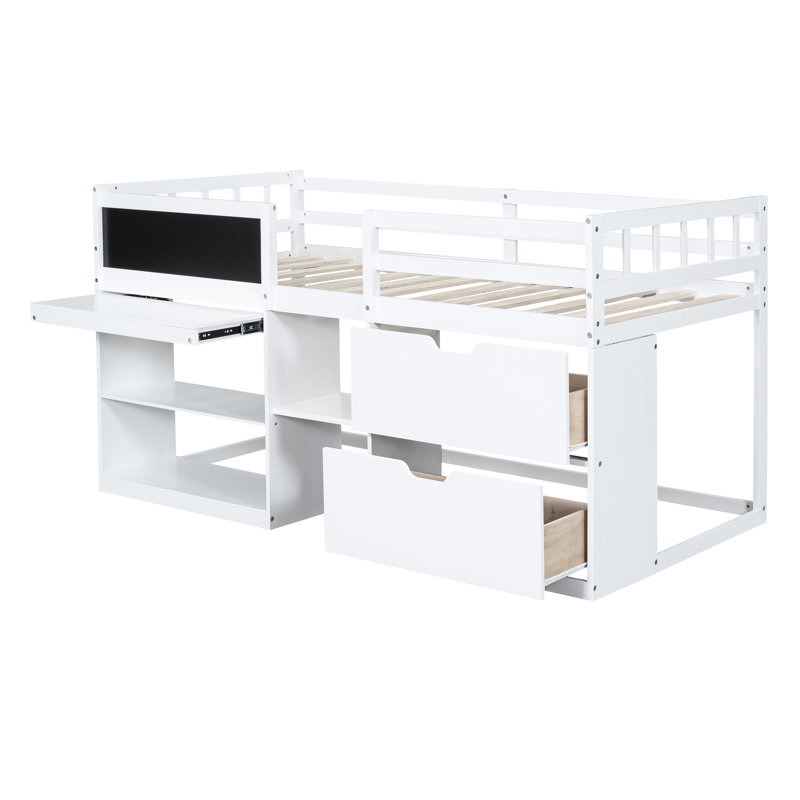 Lit mezzanine simple simple avec bureau roulant, tablette et tiroirs - Blanc, design attrayant en bois massif blanc pour un intérieur de chambre à coucher moderne