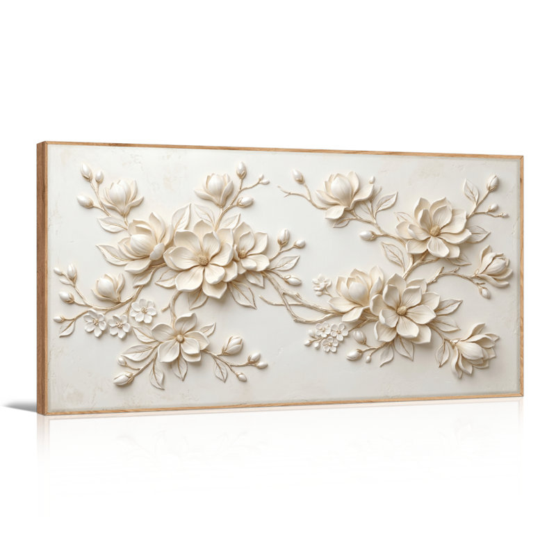 Ensemble de 1 tableau mural en relief floral sur toile, L 48 po x H 24 po, Naturel