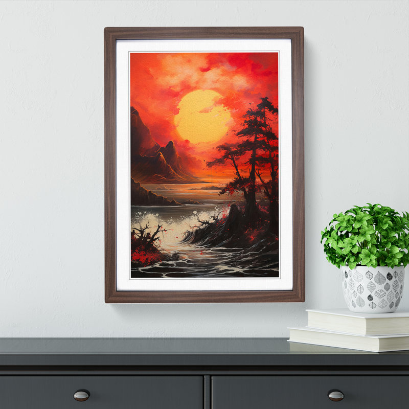 Japanese Sunset Gestural - Framed Print, 64cm H x 46cm W x 2cm D, Walnut 