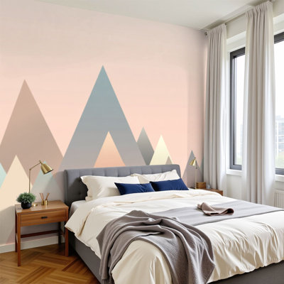 Peel and Stick Wallpaper Minimalist Scandi Mountain Nursery Poster Pastel Tones Wall Murals 100"H x 144"W Removable PVC Wall Paper Self-Adhesive Wall Decor for Bedroom Living Room Home Office
