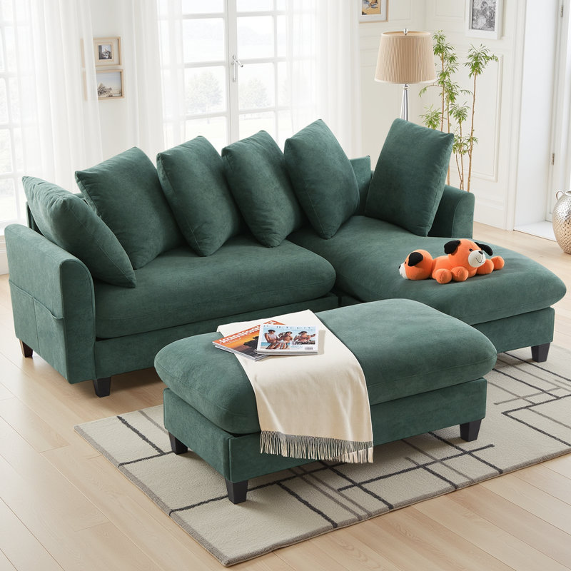 Canapé modulaire en chenille de 83 po en L avec repose-pieds et rangement - canapé convertible 4 places avec 6 coussins, capacité de 300 lb
