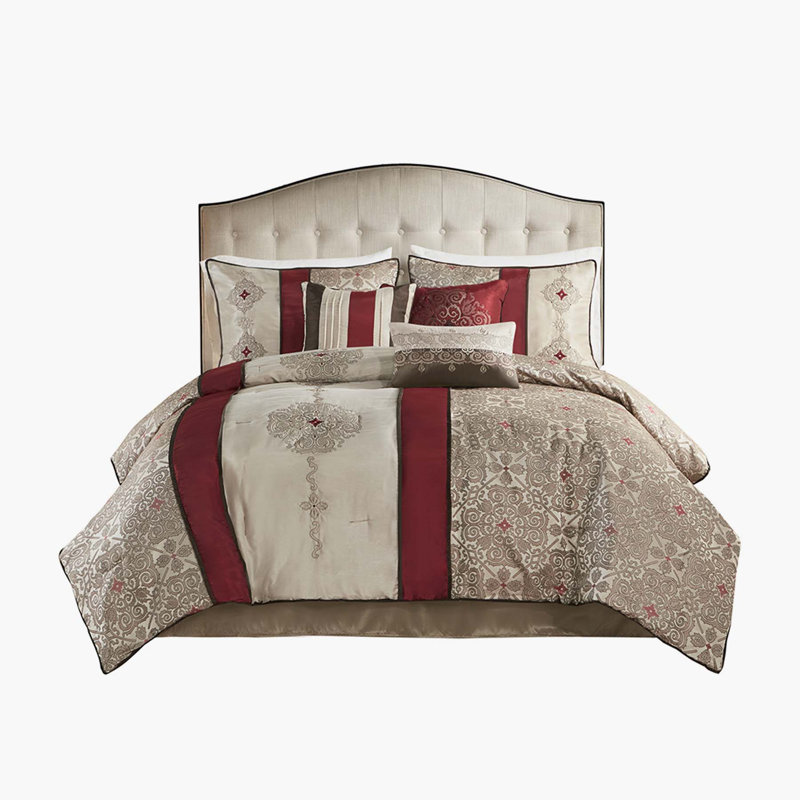 King Red Jacquard 7-Piece Comforter Set with Decorative Pillows