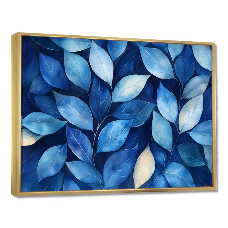 Indigo feuilles feuillage collage IV - feuilles, art mural, H 12 po x l 20 po, Impression encadrée flottante, Doré