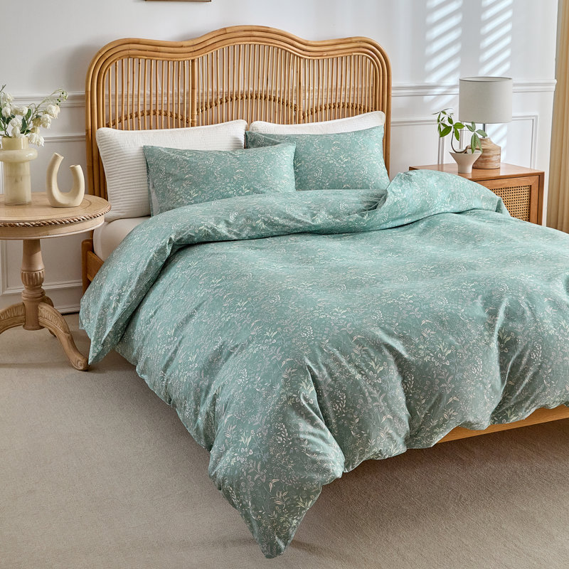 3-Piece  100% Cotton Wildflower Pattern Duvet Cover Set, King Duvet Cover + 2 King Pillowcases, Sage Green