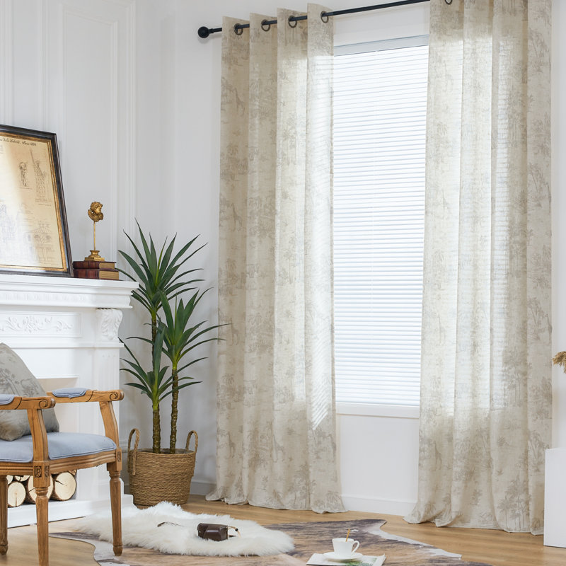 Semi Sheer Toile-printed Linen-textured Curtain, Gray, 50" W x 84" L