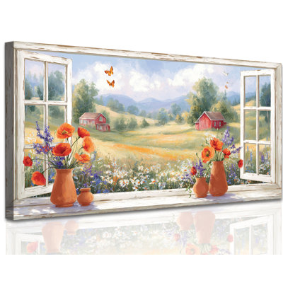  Farmhouse Wall Art Rustic Canvas Decor, Vibrant Floral Pictures, Warm Countryside Scenic Artwork, Window Framed Flower Prints for Living Room Bedroom Bathroom, 16x32 inches