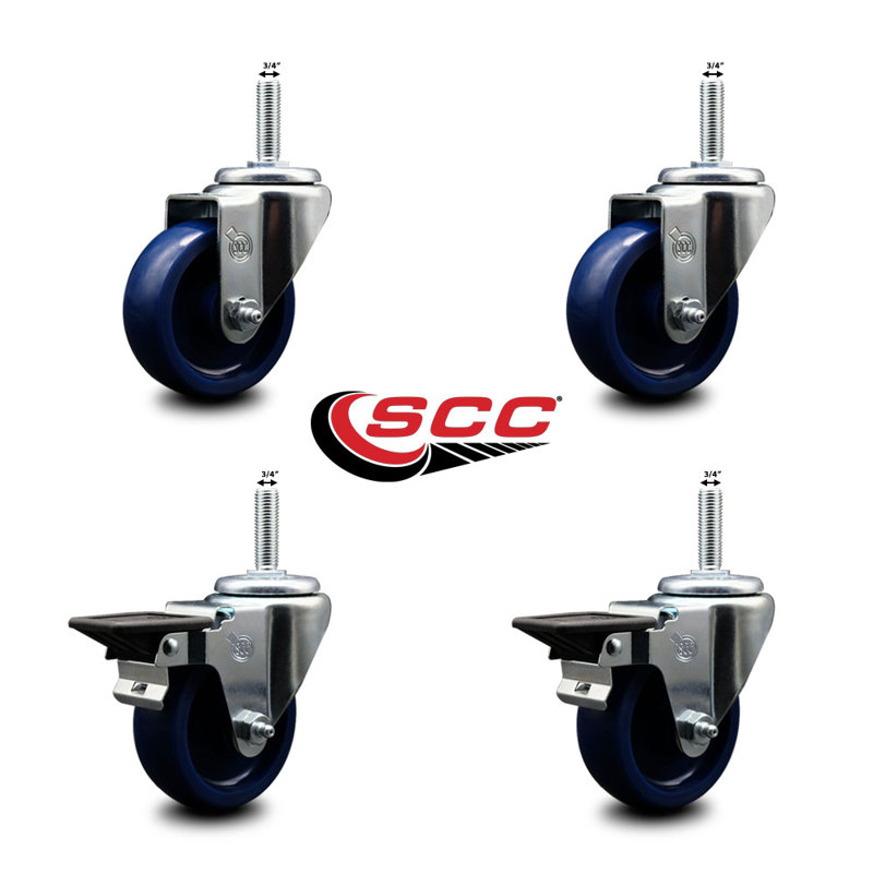 3.5 Inch_Solid Poly Wheel Swivel 3/4 Inch_Threaded Stem Caster Set 2 Brakes