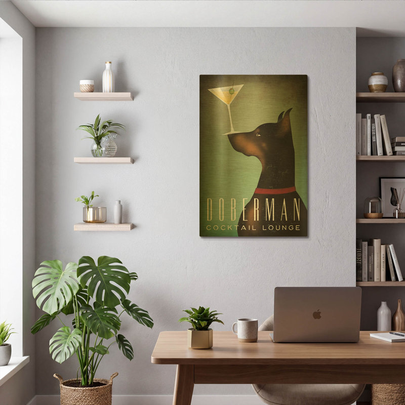 « Doberman Martini 2 » de Ryan Fowler, tableau mural en métal doré, 61 x 91 cm, 24 po x 36 po