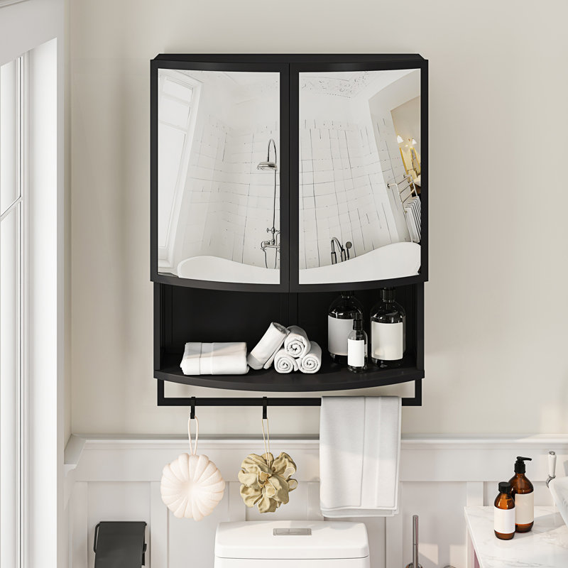 Armoire moderne en verre arquée à deux portes avec tablette ouverte et porte-serviettes, Noir