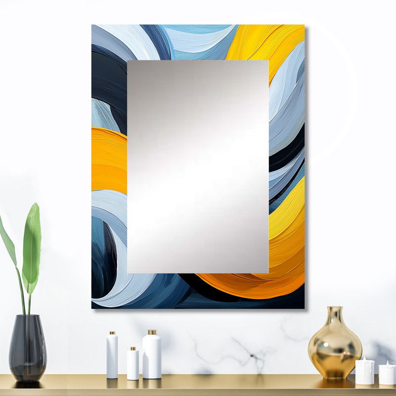 Bleu et jaune, lignes de vapeur océaniques I - miroir décoratif minimaliste, grand miroir mural moderne, impression d'art en métal