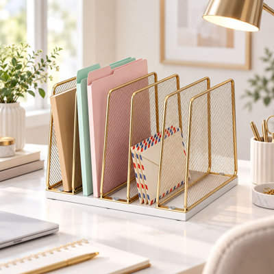 Organiseur de bureau blanc et doré à 5 compartiments avec base en bois