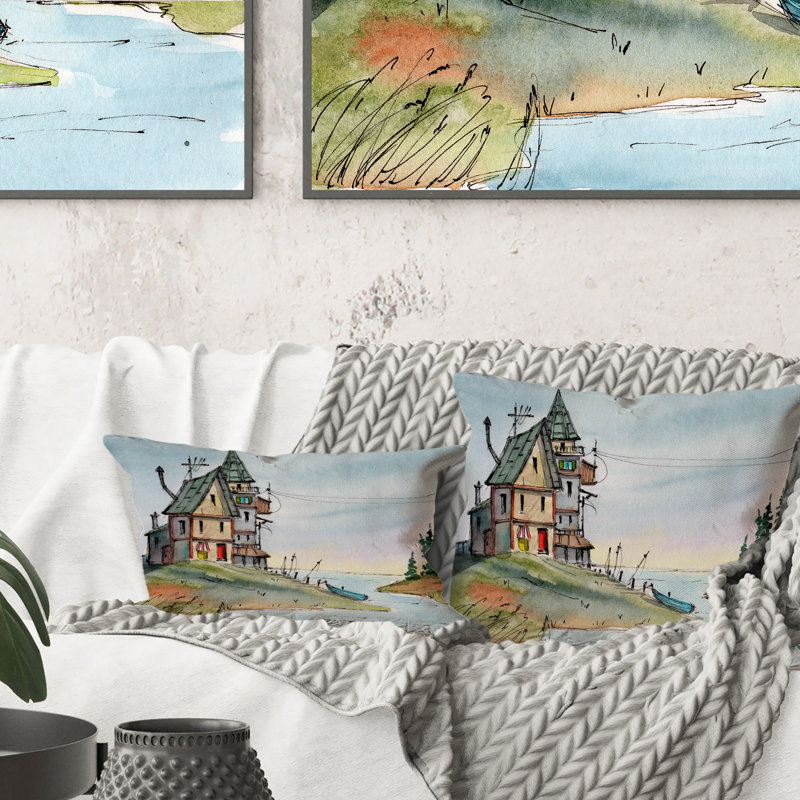 Vieille maison colorée avec une tour au bord de la rivière - Coussin décoratif imprimé nautique et côtier, 16 po x 16 po