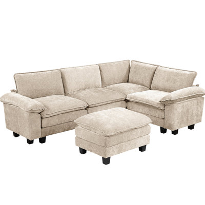 5 Contemporary Modular Sectional With , Taupe Chenille Upholstery, Wood Structure, Pocket Coil Padding, Adjustable Armrest Pillows, Reversible , Loose Seats, Zippered Covers, Black Faux Finish,