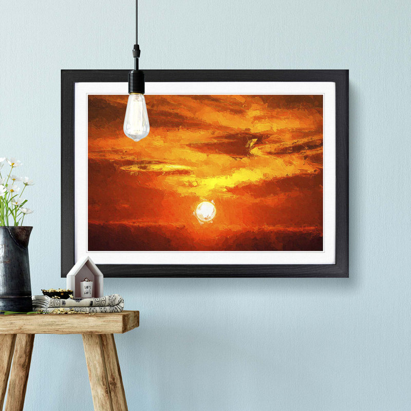 Striking Orange Sunset in Abstract - Picture Frame Painting Print on MDF, Black Framed, 48cm H x 65cm W x 2cm D