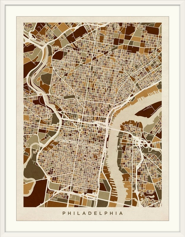 «Philadelphia Pennsylvania Street Map» par Bellen, impression, Cadre blanc, H 24 po x l 20 po x P 1 po