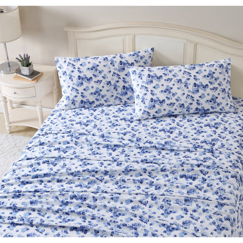 Ensemble de draps en flanelle de coton brossé, Bleu Emelisa, Ensemble de draps pour lit double avec 2 taies d'o