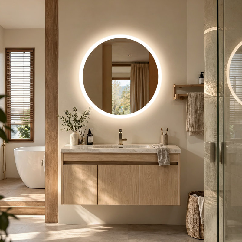 Grand miroir de salle de bain rond moderne à DEL Liese, température de couleur réglable, 32 po x 32 po