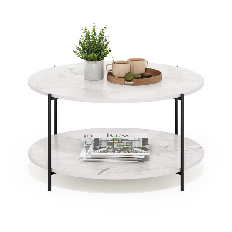 Furinno Besi 2-Tier Modern Round Coffee Table Table with Sturdy Metal Legs, Black, Marble White