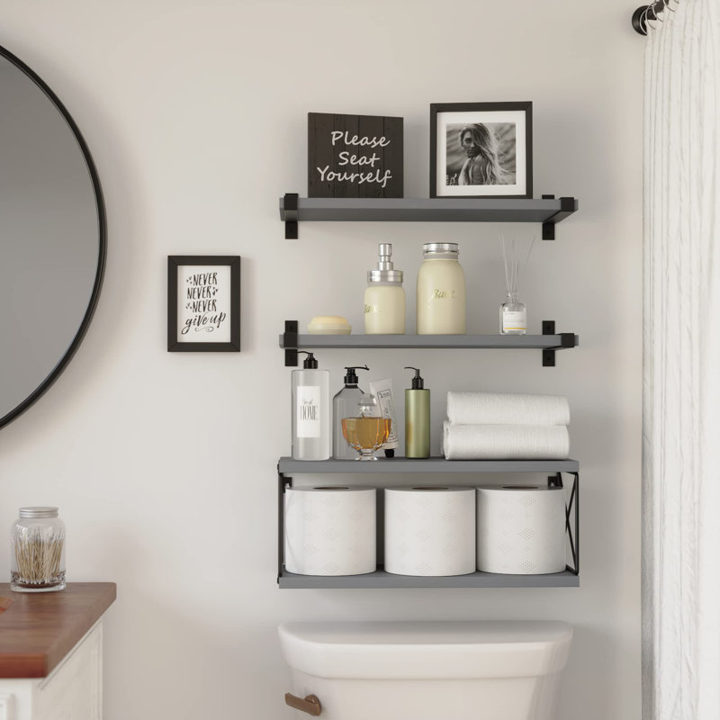 3 Piece Pine Floating Shelf, Gray