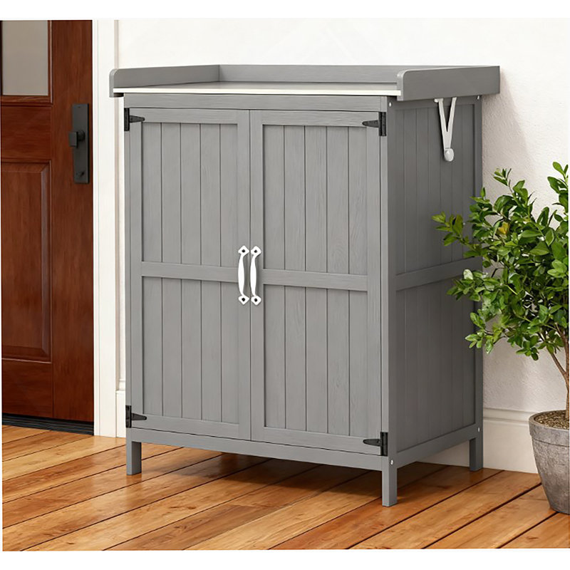 Outdoor Storage Cabinet With Shelf And Metal Tabletop, Gray