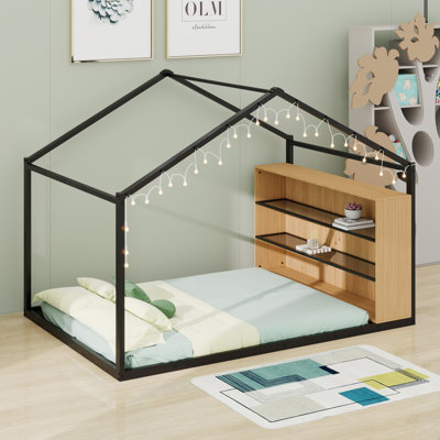 Metal House-Shaped Bed With Side Shelves, Built-In LED Lights, Roof Canopy And Supportive Slats