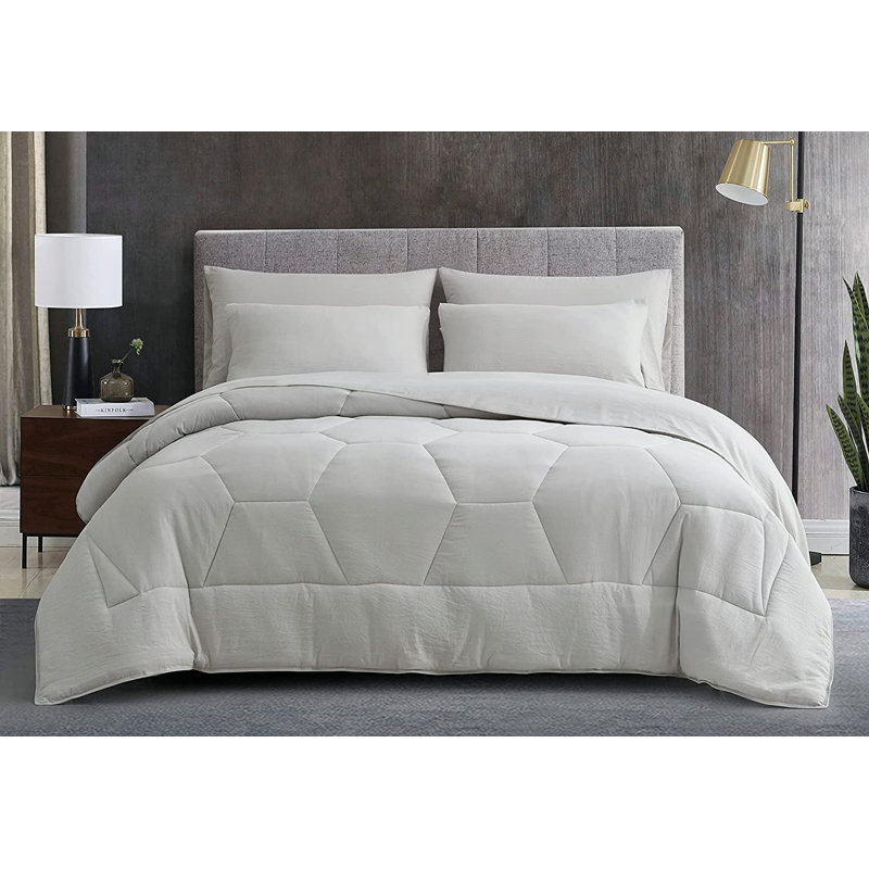 Washed Microfiber 7-Pieces Honeycomb Comforter Set with Sheets, Twin Comforter + 4 Additional Pieces, Light Gray