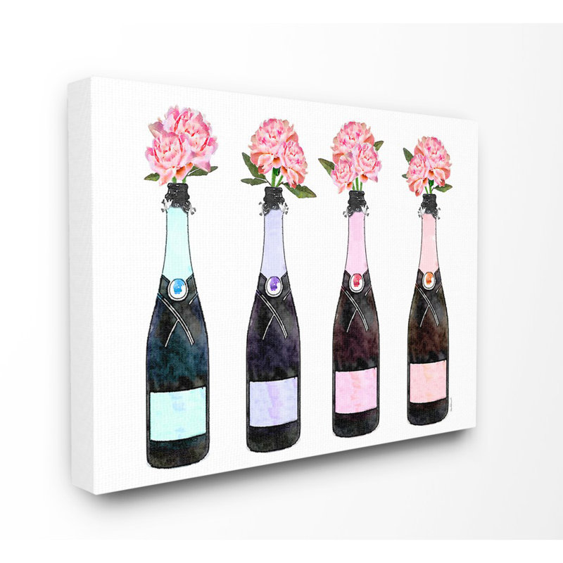 Champagne Bottles With Peonies - Print, Wrapped Canvas, 16" H x 20" W x 1.5" D