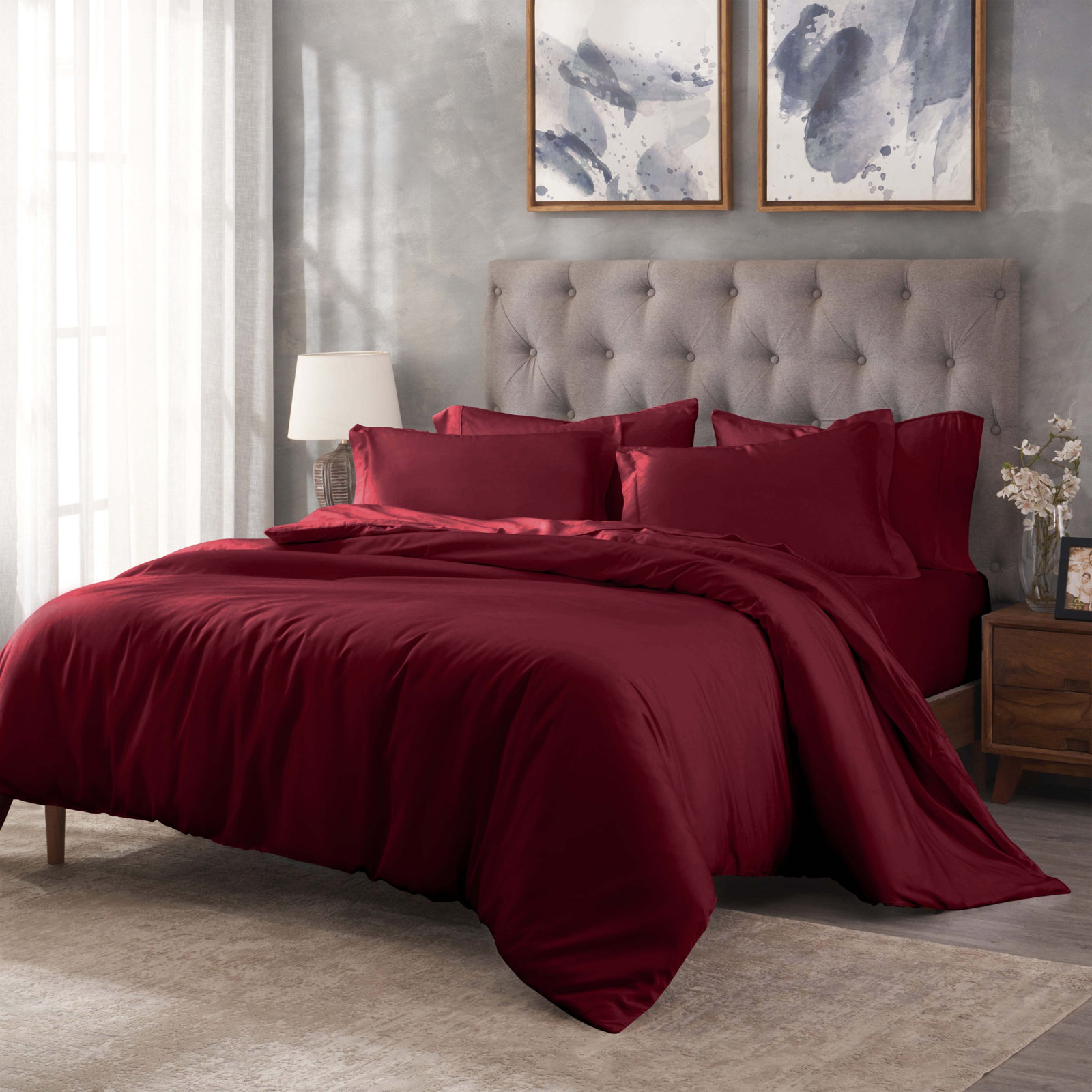 Lunete Egyptian Cotton Duvet Cover Set, Burgundy, Full / Queen Duvet Cover + 2 Pillow Shams